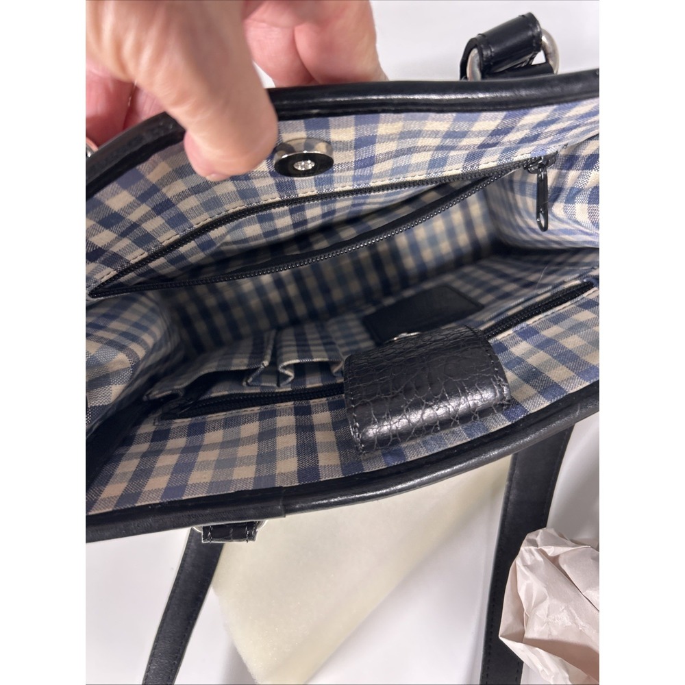Brighton Martine Purse Black Croc Embossed Leather Canvas Blue Toile Shoulder - Picture 6 of 14